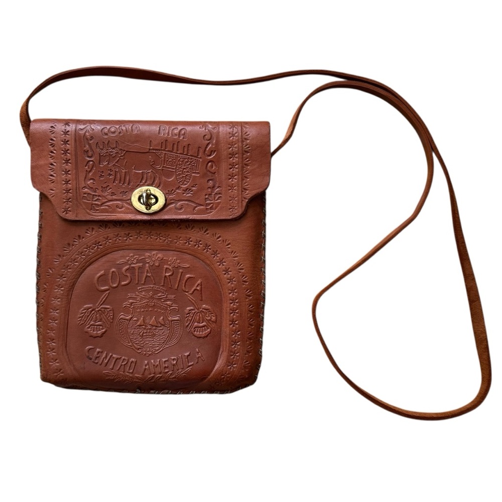 Hand Tooled Embossed Leather Costa Rica Purse Crossbody Bag Brass Turn Lock